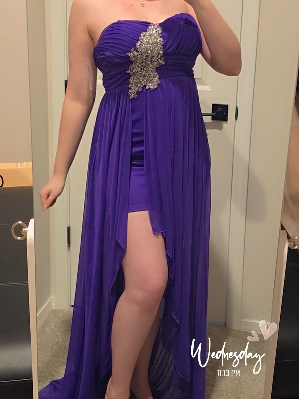 Strapless Purple High-Low Evening Dress with Embellished Bodice
